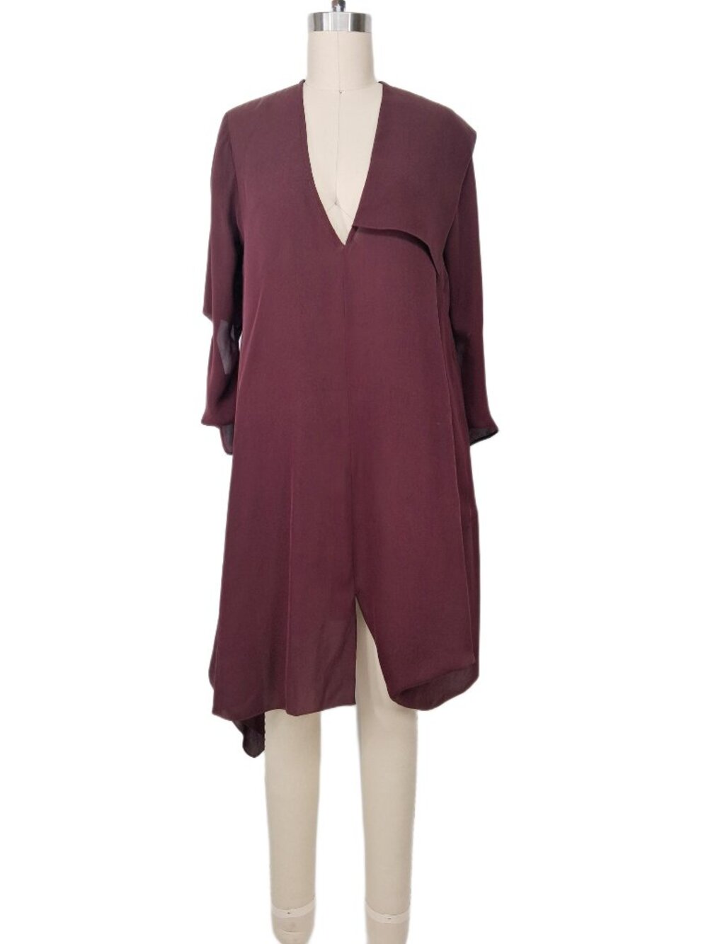 Morgane Le Fay Burgundy Silk Asymmetric V-Neck Draped Handkerchief Hem Dress M - Picture 5 of 15